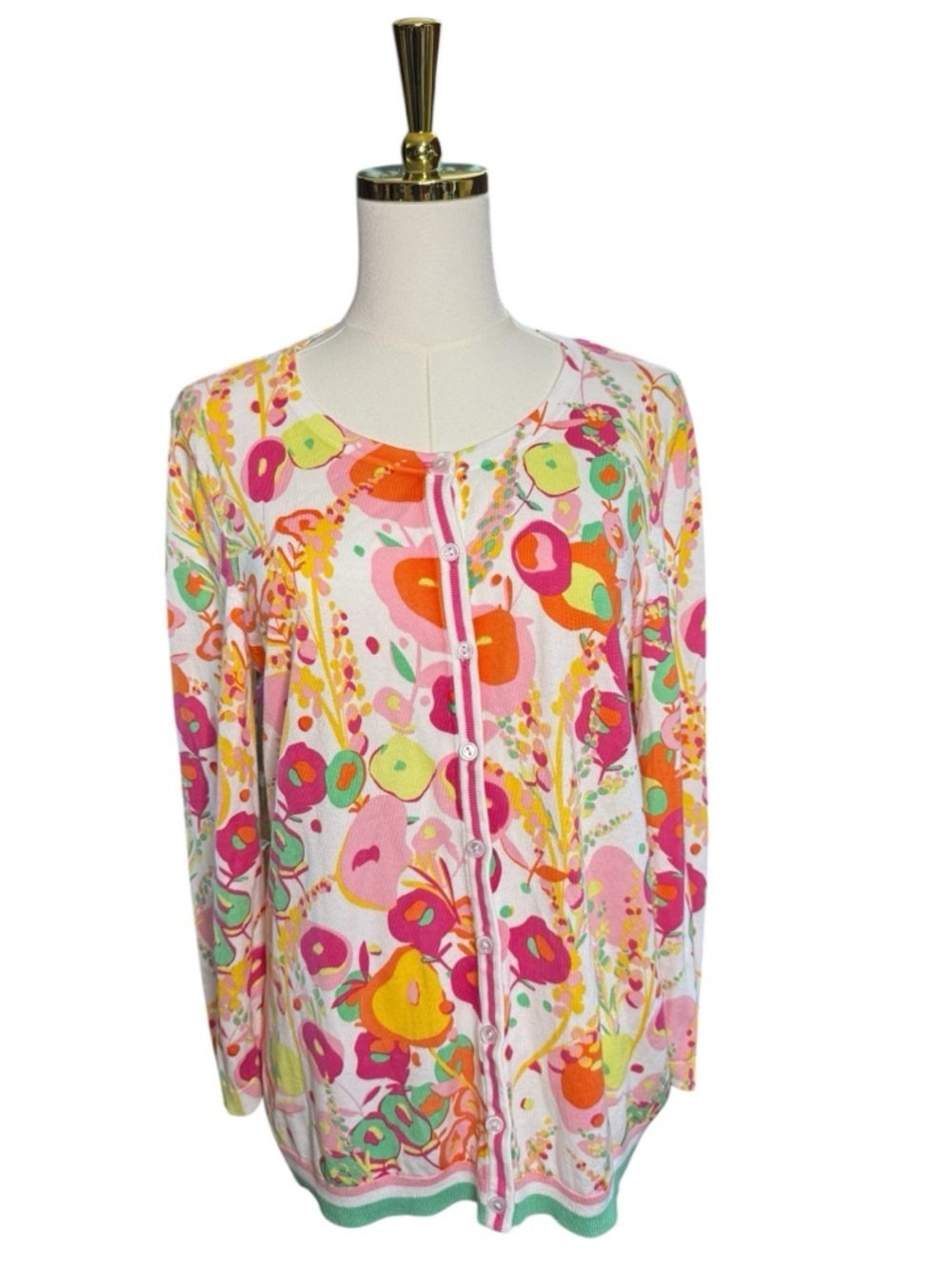Talbots Floral Crewneck Cardigan in Pink, Yellow and Green